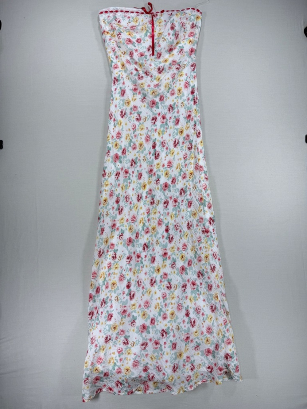 Jessica Simpson White Floral Strapless Silky Slip Maxi Dress Red Ribbon Bow S - Picture 2 of 5